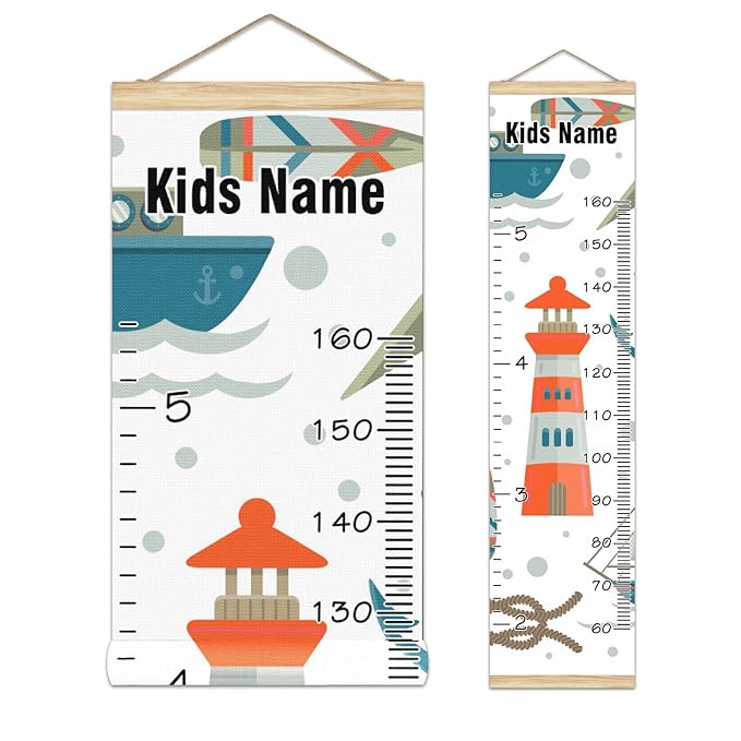Personalized Kids Name Growth Chart Ruler for Wall Wood Frame Height Measure Chart 13.4x56 in Linen Hanging Height Growth Chart Nautical Tools Kids Room Decor