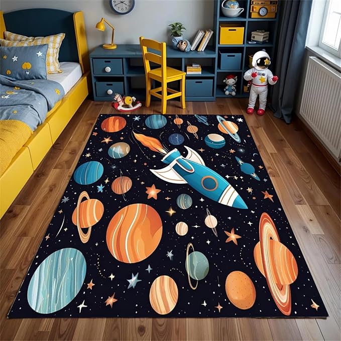 3x4ft Large Space Themed Area Rug - Cartoon Space Solar System Planets Area Rugs, Soft Non-Slip, Machine Washable Polyester Mats, Perfect for Kids Room, Playroom and Nursery, Space Room Decor
