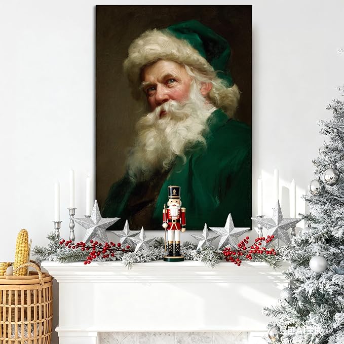 YONICA Christmas Canvas Wall Art Green Santa 28x40 Inch Historical Christmas Figure Art - Large Framed Gallery Wrapped Collectors Edition