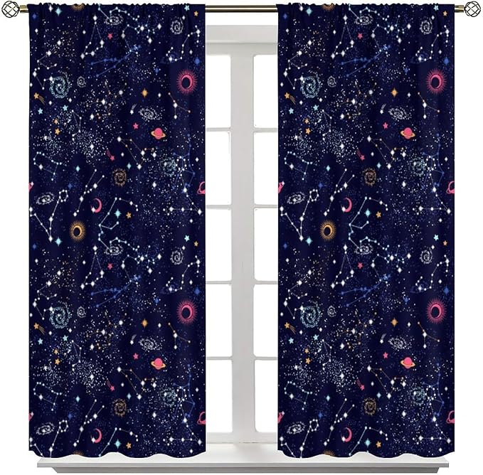 Kids Galaxy Curtains, Fantasy Stars Outer Space Universe Planets Print Window Treatments for Boys Girls Bedroom Nursery Playroom 42" W X 63" L