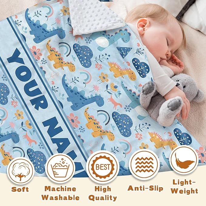 Personalized Baby Blankets for Boys Girls, Custom Baby Blanket with Name, Receiving Swaddle Blanket Suitable for Infants & Toddler, Nursery Newborn Baby Crib, Dino(30”x40)