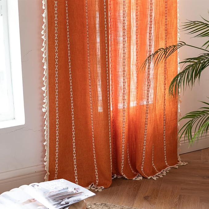 Deeprove Orange Boho Curtains 96 inches Long with Tassel for Bedroom Living Room, Bohemian Embroidery Farmhouse Cotton Linen French Country Window Treatments Fall Halloween Decor, W52 x L96, 1 Panel