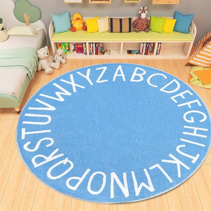 Round ABC Kids Carpet Alphabet Nursery Area Rug Extra Large Soft Crawling Play Mat Suitable for Children's Bedrooms - Non-Slip and Machine Washable-3.3ft Blue