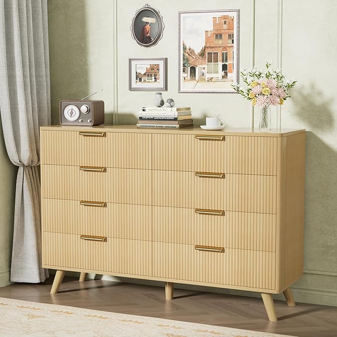 Boho Fluted 8 Drawer Dresser for Bedroom, Chest of Drawers with Solid Wood Legs, Modern Dresser Chest Cabinet Organizer with Golden Handles, Beside Table for Closet, Hallway, Bedroom