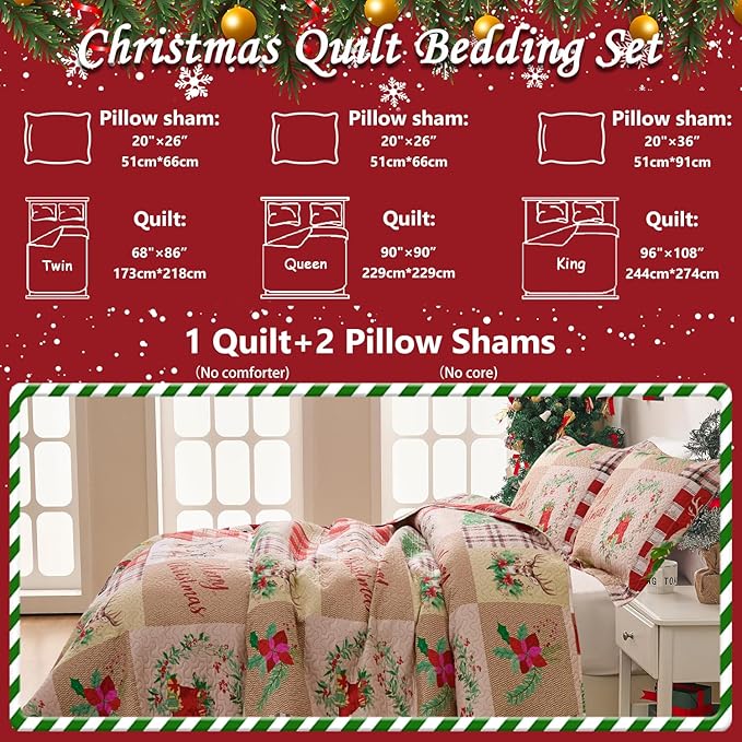 Christmas Bedding Set Queen Christmas Quilt Bedspread,Gnome Santa Claus Plaid Patchwork Xmas Quilt Set Bedding Holiday Christmas Quilts Decor Gift Elk Pattern Lightweight Reversible Bedspread Coverlet