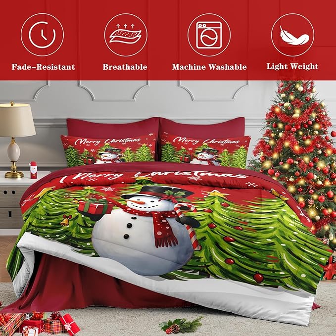 5 Pcs Twin Size Christmas Comforter Set with Pillowcase & Sham, Red Cartoon Snowman Bedding for Kids and Adults, Funny Xmas Pine Forest Bed in a Bag with Flat Fitted Sheet