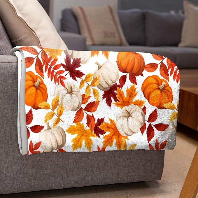 Fall Throw Blanket - Pumpkin Maple Leaf Autumn Blanket - Thanksgiving Fall Decor Gift - Ultra Plush Cozy Lightweight Thanksgiving Pumpkin Blanket for Sofa,Bed,Couch - 50"x60"-Teens/Travel Size