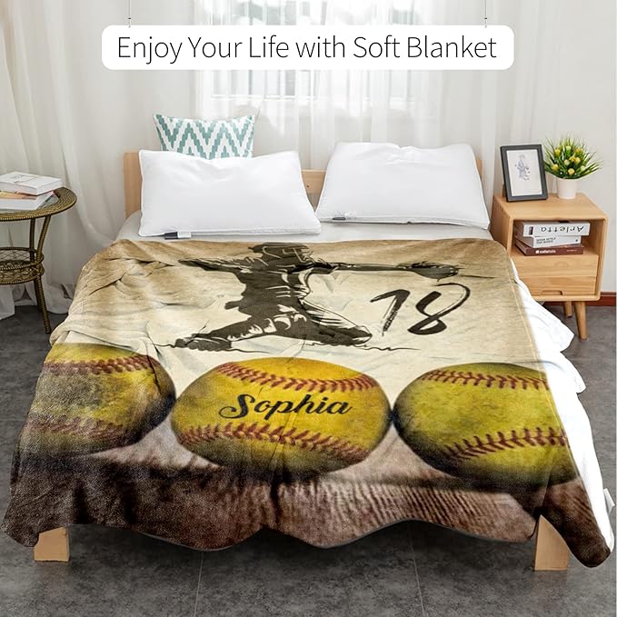 Custom Softball Blanket with Number Name: Personalized Fluffy and Warm Gift for Baby Toddler Kids and Adults Birthday Skin-Friendly Flannel Fabric(50X60inch)
