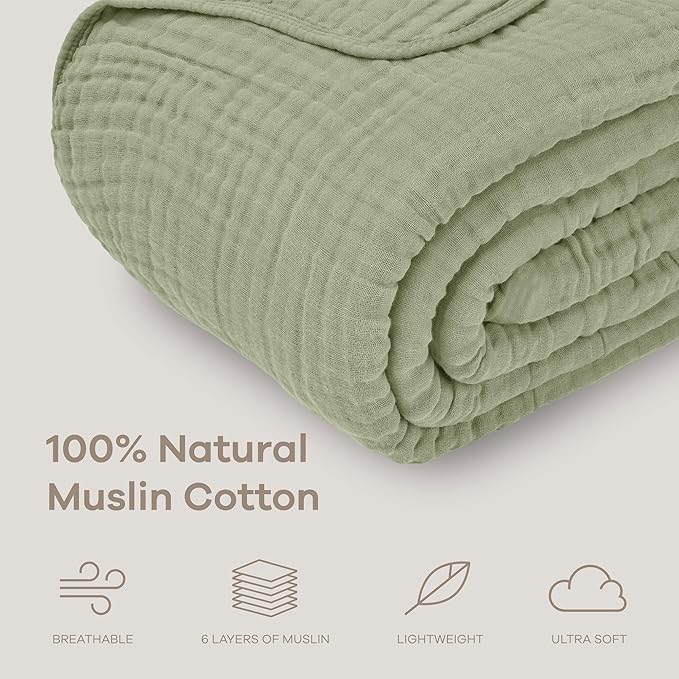 Comfy Cubs Muslin Throw Blanket - 50” x 60” Quilted Design - Lightweight, Breathable 6-Layer Gauze Fabric - Soft Cotton Blanket for Home or Travel - Packaged in Elegant Gift Box - Sage