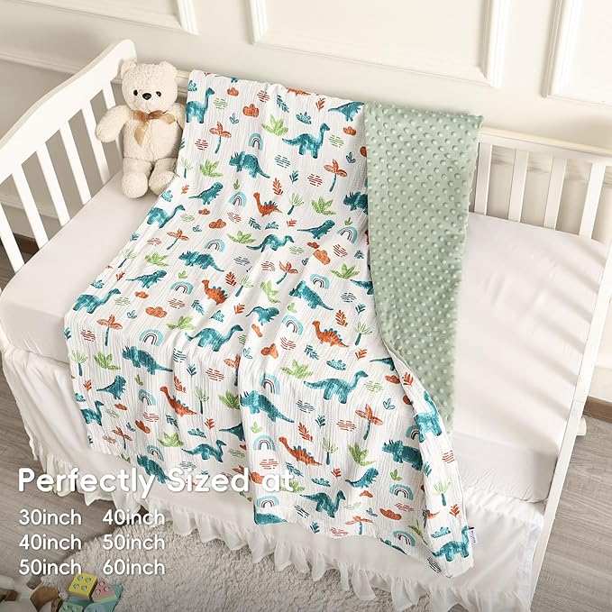 david's kids Muslin Minky Baby Blanket for Boys Girls with Muslin Cotton Front and Dotted Fleece Backing, Breathable and Soft Lightweight Receiving Blanket for Newborns, 40x50 Inches, Dinosaur