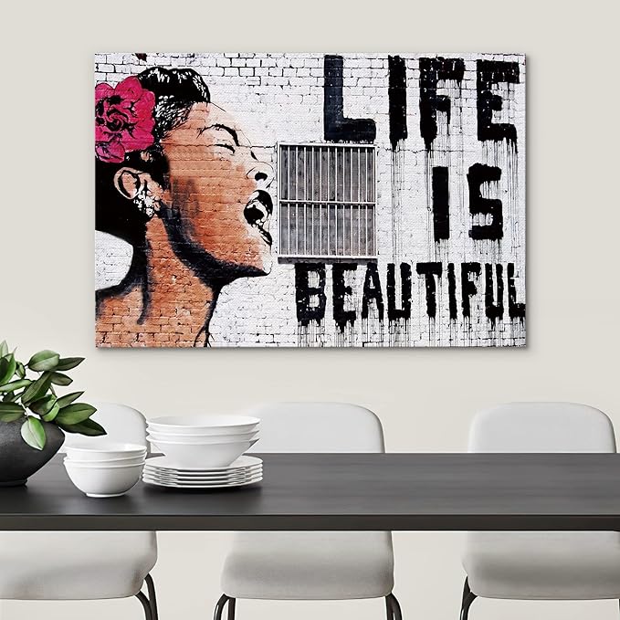 SIGNWIN Framed Canvas Wall Art Banksy Life is Beautiful Billie Holiday Graffiti & Street Art Famous People Pop Art Modern Urban Multicolor for Living Room, Bedroom, Office - 24x36 inches