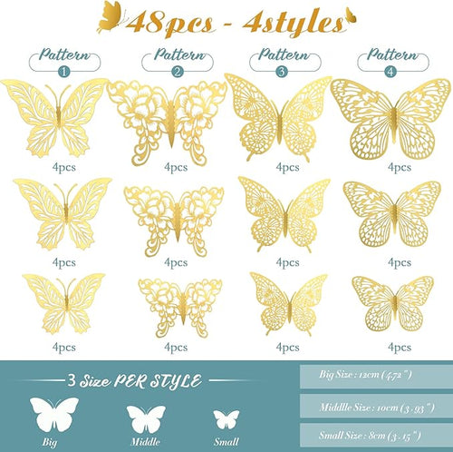 3D Gold Butterfly Wall Decor 3 Sizes 4 Styles Butterfly Party Decorations Cake Decorations Removable Stickers Wall Decor Room Mural Metallic Kids (Gold, 48Pcs)