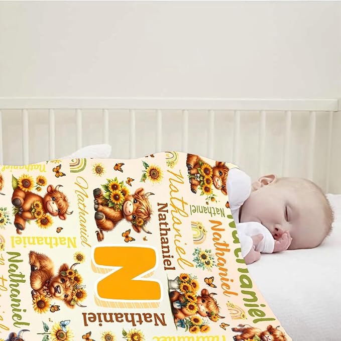 Personalized Custom Sunflower Highland Cow Preschool Blanket Gifts for Baby Toddler Kids Boys Girls Pets - Customized Sunflower Highland Cow Super Soft Flannel Sheets 30"x40" Decor for Crib Nap Couch