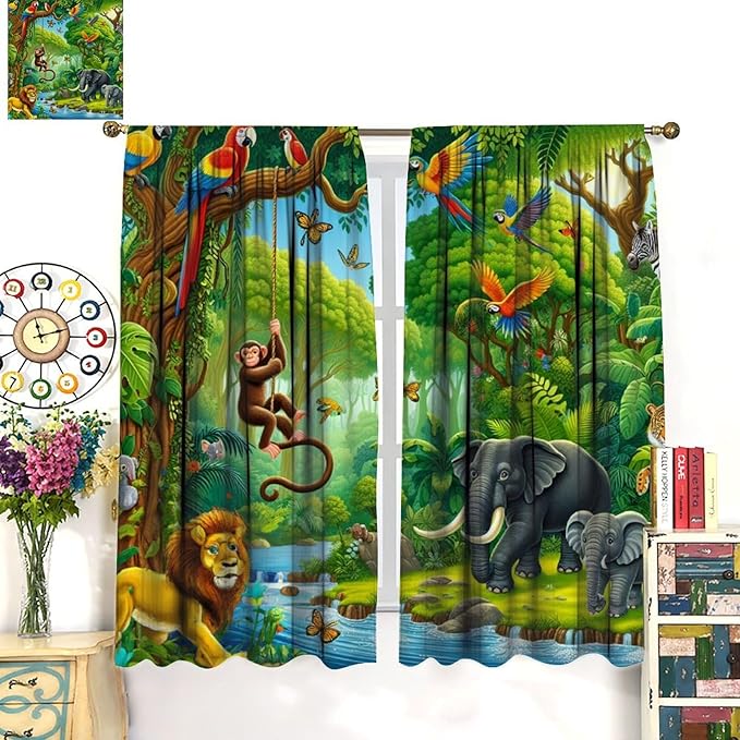 Animals Window Curtain Cartoon Jungle Forest Elephant Lion Print Curtains for Kids Boys Girls Nursery Baby Bedroom Playroom Home Decor Window Drapes 52" W X 84" L
