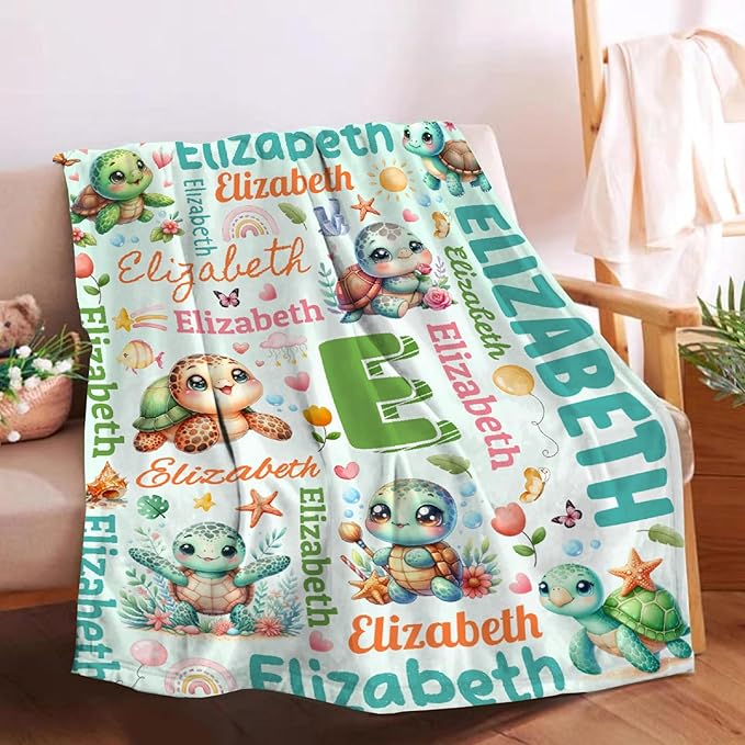 Personalized Custom Cute Turtle Blanket Gifts for Kids Boys Girls with Name - Customized Cute Turtle Super Soft Lightweight Flannel Sheets Decor for Crib Nap Couch - 60"x80" for Adult