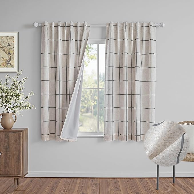 MYSKY HOME 100% Blackout Plaid Linen Curtains 63 Inches Long Double Layer Farmhouse Thermal Insulated Checkered Print Drapes with Rod Pocket Back Tab for Living Room Bedroom, 2 Pcs, 52"Wide, Deep Grey