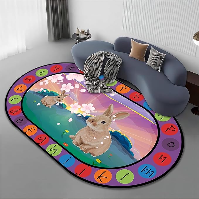 Rabbit Print Area Rug, 4x6ft, Bunny Sakura Flower Easter Floor Mat, Educational and Fun Rugs with ABC Alphabet, Non-Slip Washable Kids Play Mat for Boys and Girls Home Decor