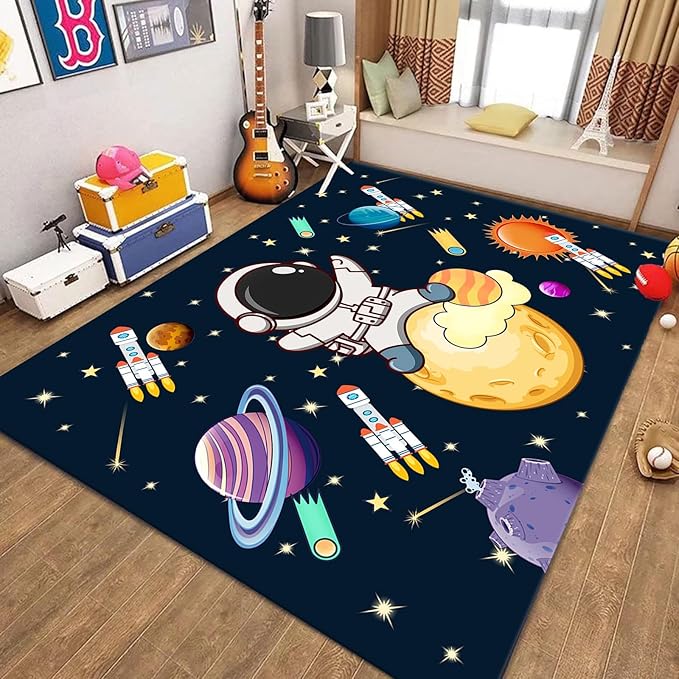 4x6ft Kids Space Themed Area Rug - with Spaceman, Rocket and Planet Design, Non-Slip Washable, Easy Care Rug, Suitable for Kids Playroom, Boys and Girls Room Decor