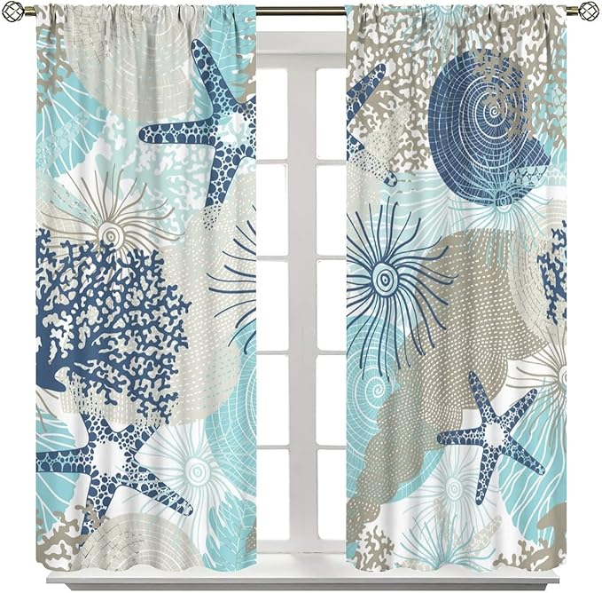 Coastal Curtains Ocean Beach Themed Room Darkening Window Curtain Nautical Coral Blackout Curtain for Bedroom Living Room Bathroom Nursery Set 2 Panels,42x45 Inches