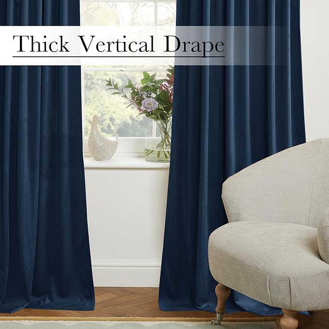 StangH Blue Velvet Curtains 96 inches Long Navy Blue Blackout Bedroom Window Drapes Back Tab Temperature Control Privacy Panels for Doorway/Living Room, W42 x L96, 2 Panels