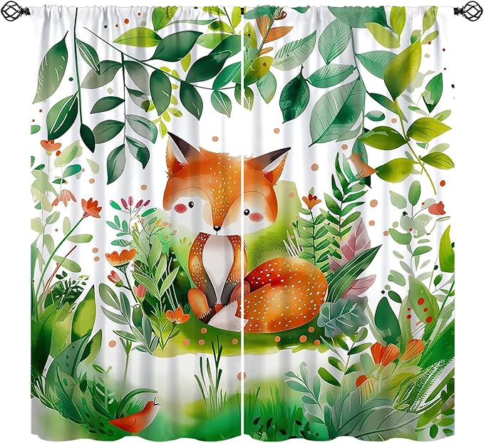 Kids Fox Curtain Cute Cartoon Fox Window Treatment for Girls Boys Bedroom Wildlife Woodland Animal Botanical Plant Window Drapes for Living Room Teens Nursery W42xL45(Decor)