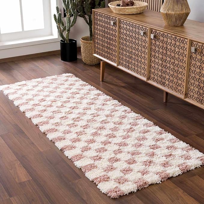BoutiqueRugs Atira Modern Checkered Shag Area Rug - High Pile Fluffy Shaggy Carpet for Entryway, Living Room, Nursery, Playroom, Girls Boys Room - Pink, Cream, White, Blush, Rose - 4' x 6'