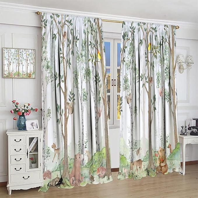 Kids Watercolor Woodland Animal Window Curtains, Bear Deer Squirrel Hedgehog Fox Birds Green Forest Blackout Rod Pocket Treatment for Boys Girls Bedroom 63x63in