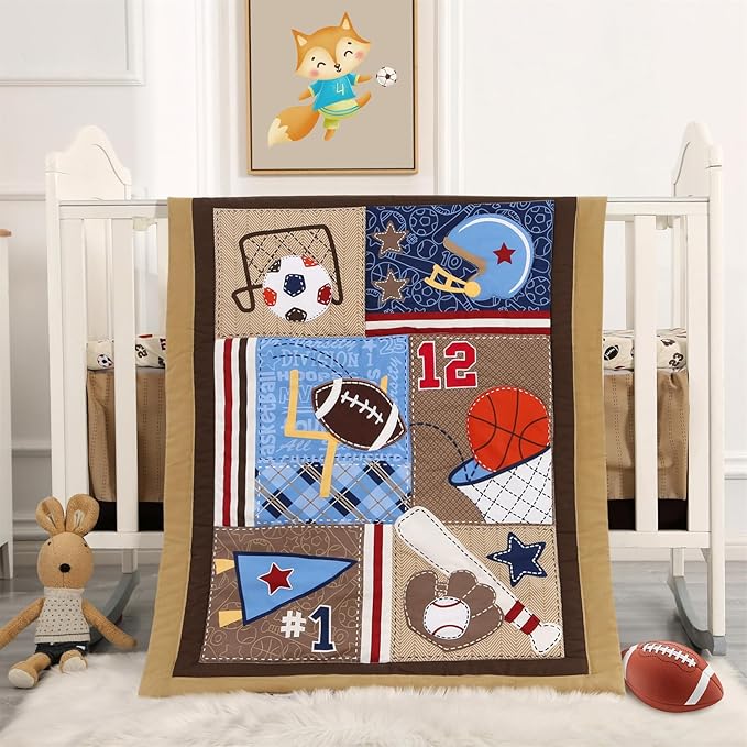 Wowelife Sports Mini Crib Bedding Set Boys Brown 3PCs Mini Crib Comforter Set Basketball Baseball Rugby Nursery Bedding Sets for Boys with Soft Comforter, Crib Skirt and 38x24 Sheet, Brown