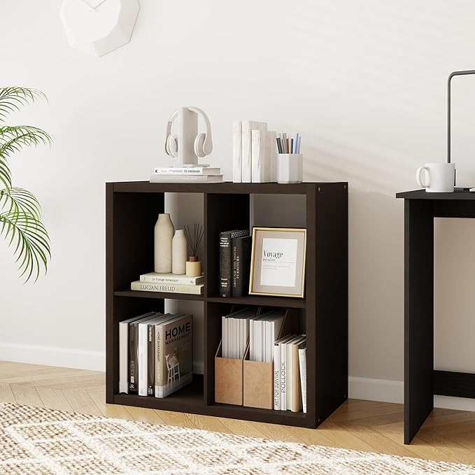 4 Black Cube Storage Organizer, 14.6" x 30" x 30" Wooden Cube Storage Organizer with Four Organized Spaces, 2 x 2 Closet Cubbies for Bedroom, Living Room, Playroom, Dark Brown