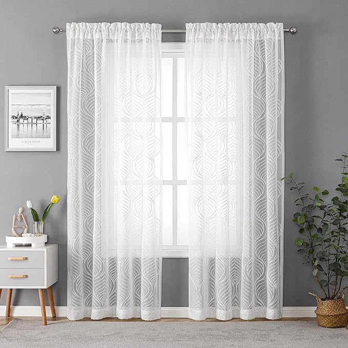 VISIONTEX White Sheer Curtains 63 Inch Length 2 Panels Set Moroccan Embroidery Texture Geometric Rod Pocket Ivory White Voile Tulle Semi Window Treatment Pair for Bedroom Living Room 54 x 63 Inches