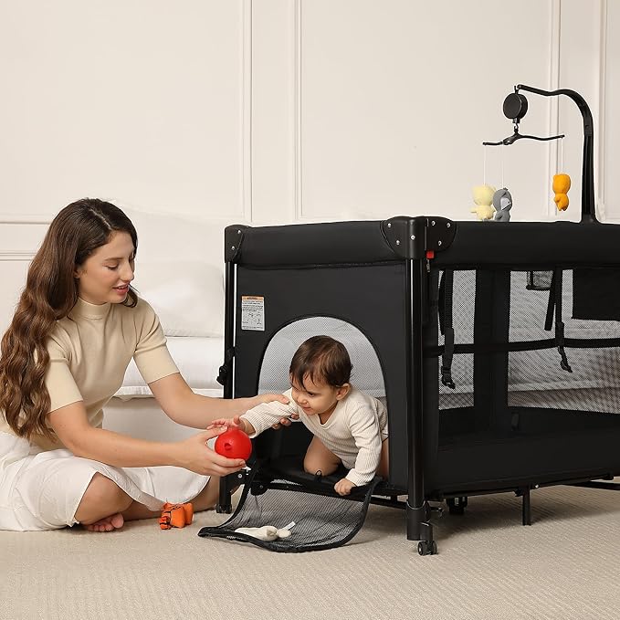 Pack and Play, Baby Bassinets Bedside Sleeper, Portable Crib, Diaper Changing Table & Baby Play Yard - Breathable Mesh & Steel Frame - Foldable for Newborn to Toddler (Black)