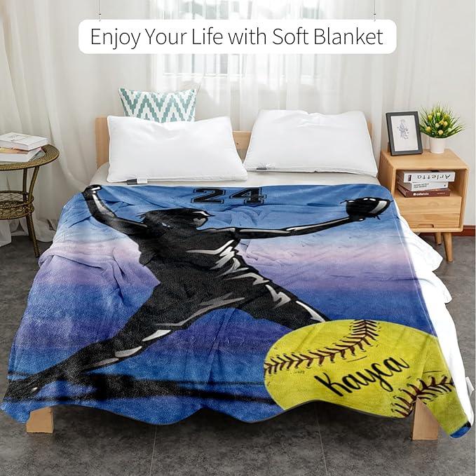 Custom Softball Blanket with Name Number: Personalized Fluffy and Warm Gift for Baby Toddler Kids and Adults Birthday Skin-Friendly Flannel Fabric(50x60inch)