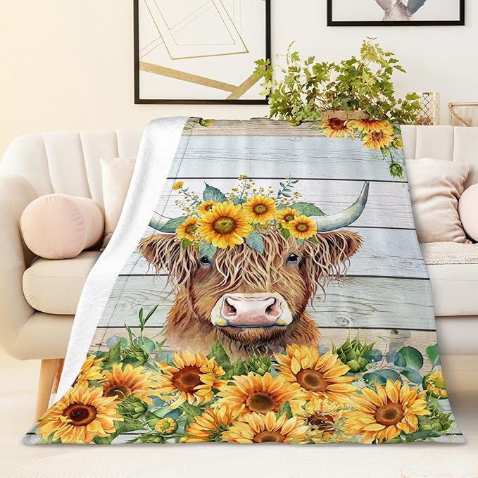 Highland Cow Blanket for Adults, 80x60 Inches Aesthetic Yellow Sunflower Throw Blanket Decor for Bed Couch Sofa
