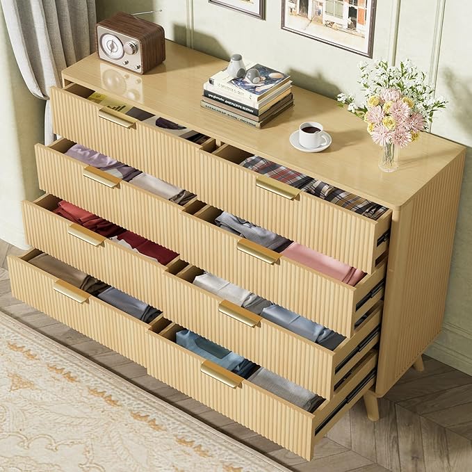 Boho Fluted 8 Drawer Dresser for Bedroom, Chest of Drawers with Solid Wood Legs, Modern Dresser Chest Cabinet Organizer with Golden Handles, Beside Table for Closet, Hallway, Bedroom