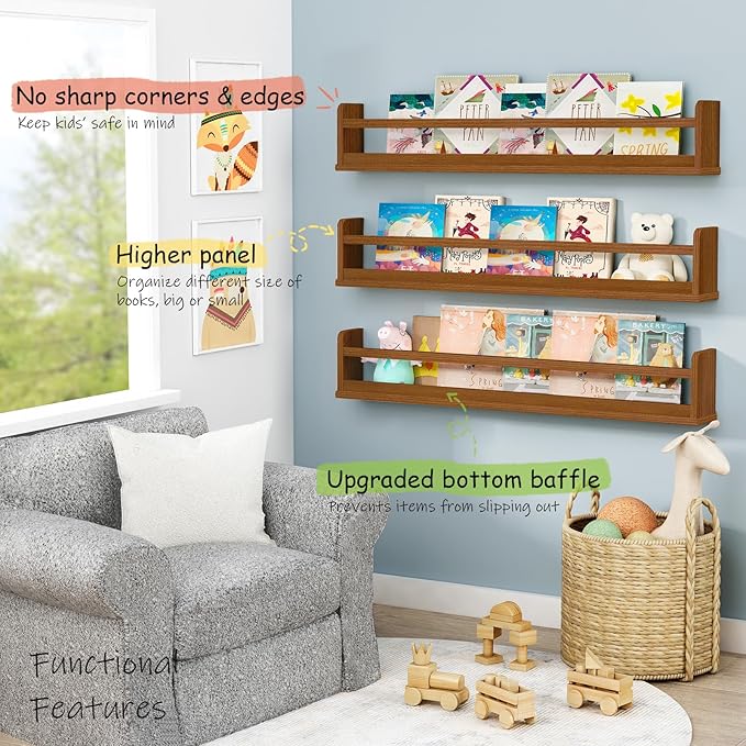 36 Inch Wall Bookshelf for Kids Room, Large Floating Nursery Book Shelves for Baby Girls Boys Toddlers (36", Walnut)