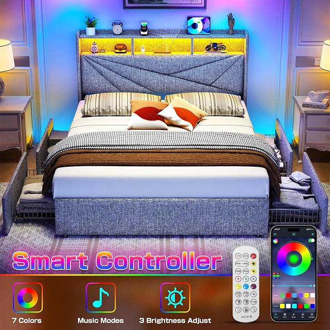 LED Full Size Bed Frame with 4 Storage Drawers, Upholstered Full Bed Frame with 2-Tier Headboard and Charging Station, No Box Spring Needed, Easy to Assembly - Light Grey