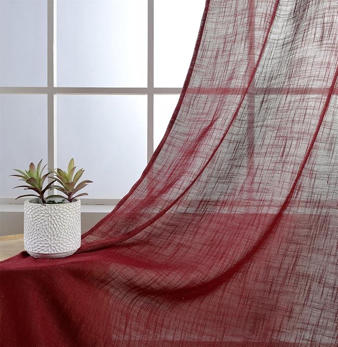 MIUCO Semi Sheer Curtains Poly Linen Textured Solid Grommet Curtains 84 Inches Long for Bedroom 2 Panels (2 x 37 Wide x 84" Long) Burgundy