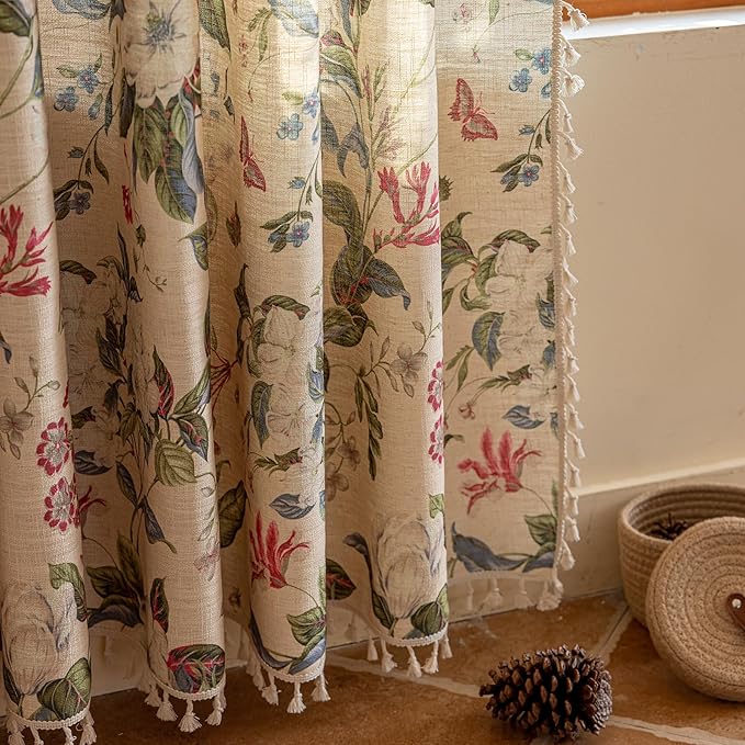 ENJOYBRIDAL Floral Curtains 63 Inch Long Living Room Boho Drapes Short Bedroom 2 Panels Semi Sheer Window Curtain Panels Vintage Rod Pocket Tassel Farmhouse Nursery Window Treatments