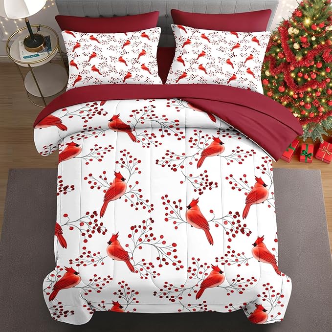 7 Pcs Full Size Christmas Comforter Set with 2 Pillowcases & 2 Shams, Winter Cardinal Bird Bedding for Kids and Adults, Berries Branches Bed in a Bag with Flat Fitted Sheet