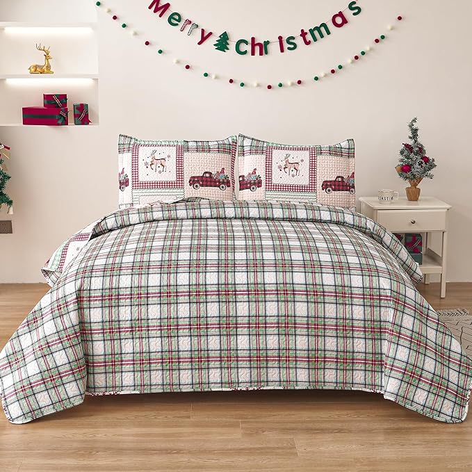 Christmas Bedding Set Twin Christmas Quilt Bedspread Xmas Coverlet,Red Green Plaid Patchwork Christmas Quilt Bedding Holiday Christmas Quilt Bedspread Lightweight Reversible Gnome Christmas Decor Gift