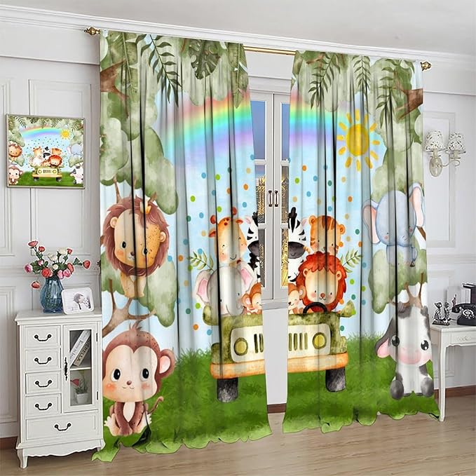 Woodland Kids Curtains Rustic Woodland Wild Animals Watercolor Forest Rainbow Sun Window Draeps for Baby Girls Boys Kids Nursery Bedroom Living Room 2 Panels, 42x54 Inch