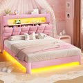 MSmask Full Upholstered LED Bed Frame with 2-Tier Storage Bookcase Headboard, Velvet Princess Bed with Crystal Button Tufted Headboard & Charging Station, Girls Platform Bed, Curved Legs, Pink