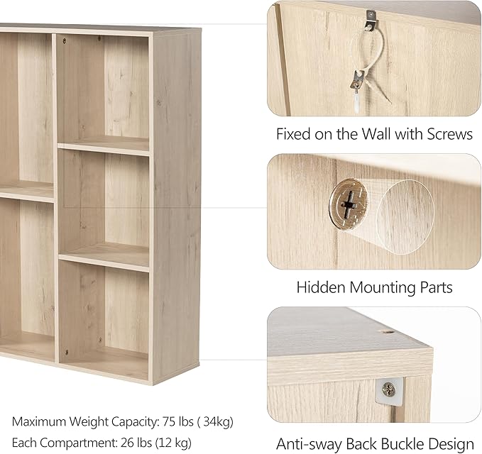Bookshelf 9-Cube Storage Organizer, Sturdy Wooden Bookcase with Closed Back Panel, Multipurpose Display Shelf for Home Office, Bedroom, Study, 35.98" L x 9.45" W x 35.91" H, White Oak