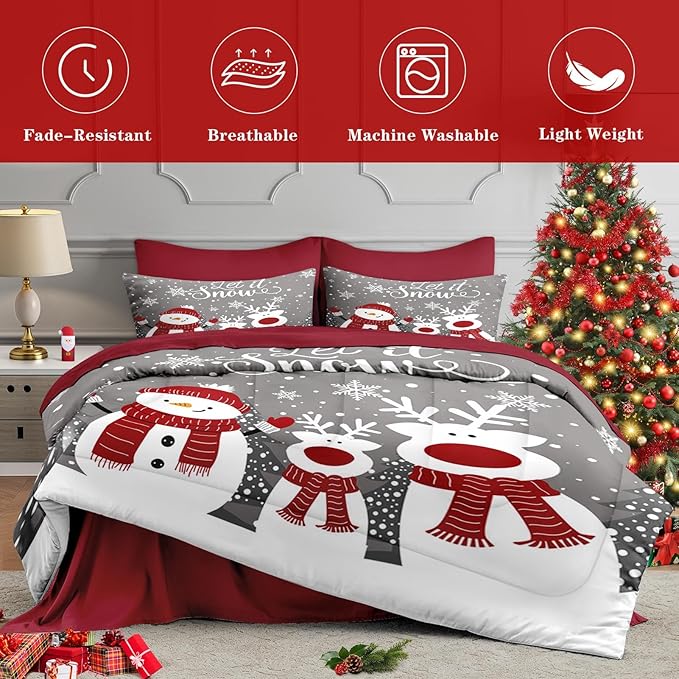 7 Pcs Queen Size Christmas Comforter Set with 2 Pillowcases & 2 Shams, Grey Cute Snowman Bedding for Kids and Adults, Cartoon Reindeer Bed in a Bag with Flat Fitted Sheet