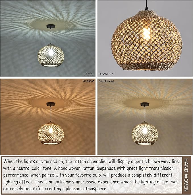 Rattan Pendant Light Fixture,13.77" Hand-Woven Water Plants Rattan Chandelier Boho Wicker Coastal Retro Ceiling Chandelier Lighting, Kitchen Island Farmhouse Dining Room Entryway Foyer1-Light