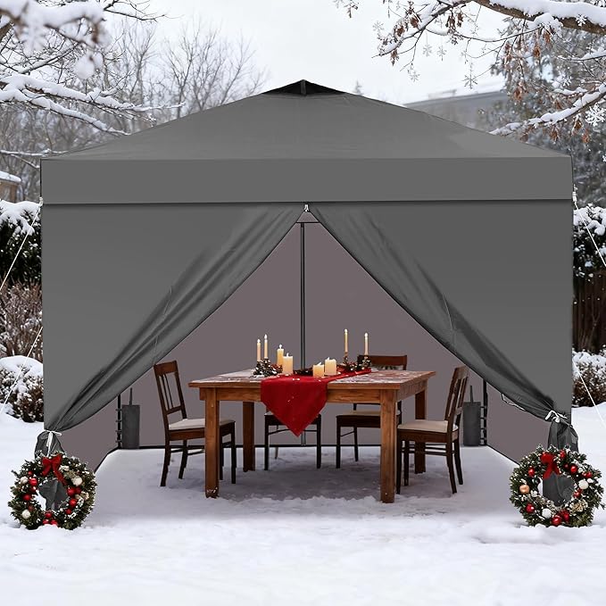 GDY 12x12 Pop Up Canopy Tent with 4 Sidewalls, Easy Set up with One Push Lift Outdoor Silver Coated Beach Gazebos, Carpas for Pool, Events, Parties, and Camping, Gray.