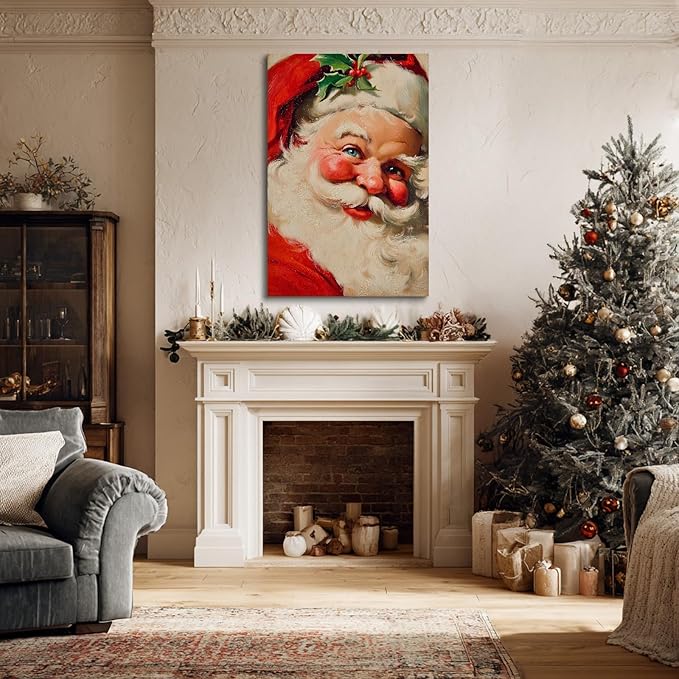 YONICA Christmas Canvas Wall Art Classic Santa 12x16 Inch Traditional Oil Painting Portrait - Large Framed Gallery Wrapped Living Room Art