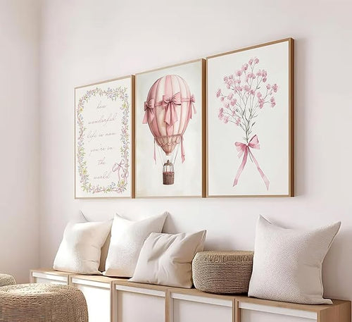 3Pcs Pink Nursery Wall Art Pictures Cute Baby Girls Room Posters Print Neutral Pink Bow Bouquet Hot Air Balloon Pastel Painting Wall Decor for Kids Room Little Girl Bedroom 16x24in Unframed