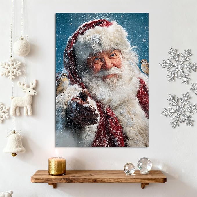 YONICA Christmas Canvas Wall Art Snowy Santa 28x40 Inch Winter Scene with Birds and Snowfall - Large Framed Gallery Wrapped Nature Theme