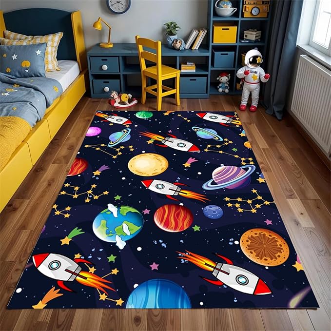 Outer Space Themed Rug,3x5ft,with Cartoon Planets,Stars and Rocket Design Rugs, Suitable for Playroom Bedroom Printed Rug, Non-Slip Machine Washable Carpet, Children's Room Decor